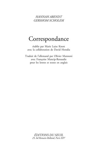 Correspondance. Hannah Arendt et Gershom Scholem