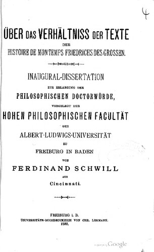 Über das Verhältniss [Verhältnis] der Texte der Histoire de mon temps Friedrichs des Großen