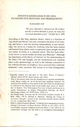 Intuitive Knowledge in Ibn Sīnā: Its Distinctive Features and Prerequisites