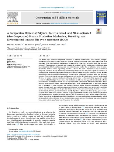 A Comparative Review of Polymer, Bacterial-based, and Alkali-Activated (also Geopolymer) Binders: Production, Mechanical, Durability, and Environmental impacts (life cycle assessment (LCA))