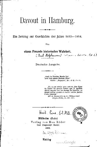 Davout in Hamburg. Ein Beitrag zur Geschichte der Jahre 1813-1814