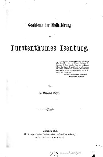 Geschichte der Mediatisirung des Fürstenthumes Isenburg