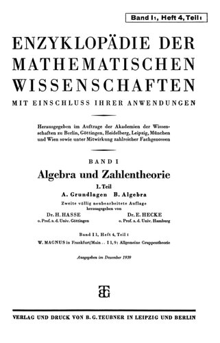 Encyclopaedie der mathematischen Wissenschaften und Anwendungen. Algebra und Zahlentheorie Band 1 T.1,H.4,T.1