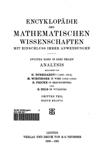 Encyclopaedie der mathematischen Wissenschaften und Anwendungen. Analysis Band 2, Teil 3, Heft 1
