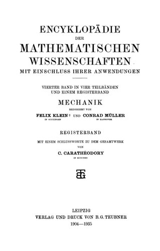 Encyclopaedie der mathematischen Wissenschaften und Anwendungen. Mechanik Band 4, Register