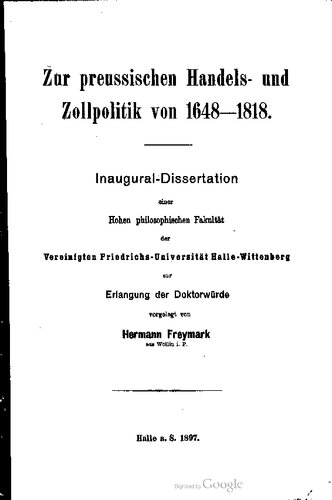 Zur preussischen Handels- und Zollpolitik von 1648-1818