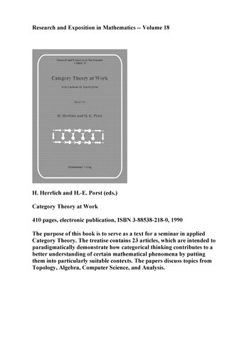 Category theory at work (Research and exposition in mathematics)