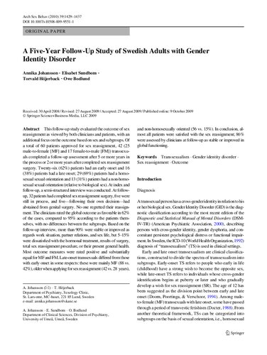 A Five-Year Follow-Up Study of Swedish Adults with Gender Identity Disorder