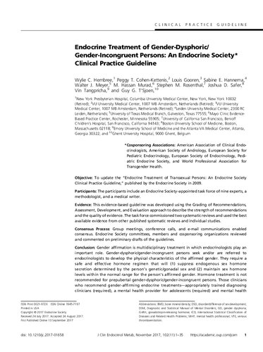 Endocrine Treatment of Gender-Dysphoric/Gender-Incongruent Persons: An Endocrine Society* Clinical Practice Guideline