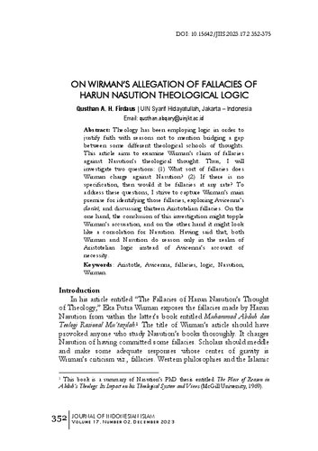 On Wirman's Allegation of Fallacies of Harun Nasution Theological Logic