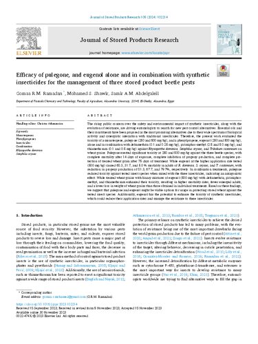 Efficacy of pulegone, and eugenol alone and in combination with synthetic insecticides for the management of three stored product beetle pests
