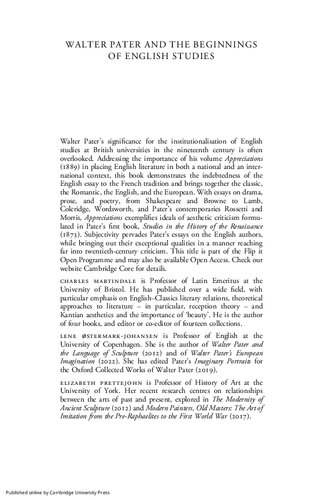 WALTER PATER AND THE BEGINNINGS OF ENGLISH STUDIES