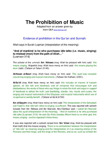 The Prohibition of Music: Adapted from an Answer given by Islam Q&A