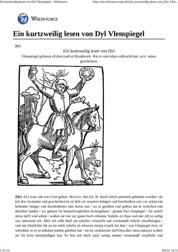 Ein kurtzweilig lesen von Dyl Vlenspiegel (Till Eulenspiegel 1515)