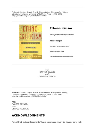 Ethnocriticism: Ethnography, History, Literature