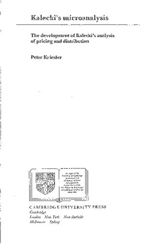 Kalecki's Microanalysis: The Development of Kalecki's Analysis of Pricing and Distribution