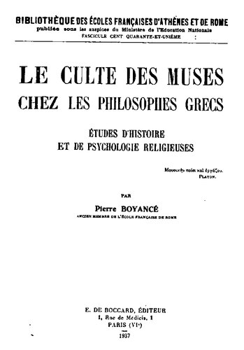 Le culte des muses chez les philosophes grecs: études d'histoire et de psychologie religieuses
