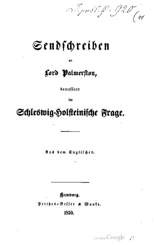 Sendschreiben an Lord Palmerston, betreffend die Schleswig-Holsteinische Frage