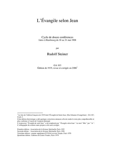 L'évangile selon Jean Cycle de douze conférences