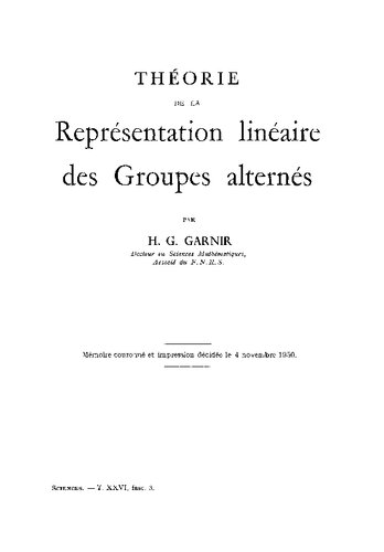 Théorie de la Représentation linéaire des Groupes alternés