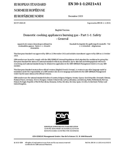 EN 30-1-1:2021+A1 - Domestic cooking appliances burning gas -  Safety - General
