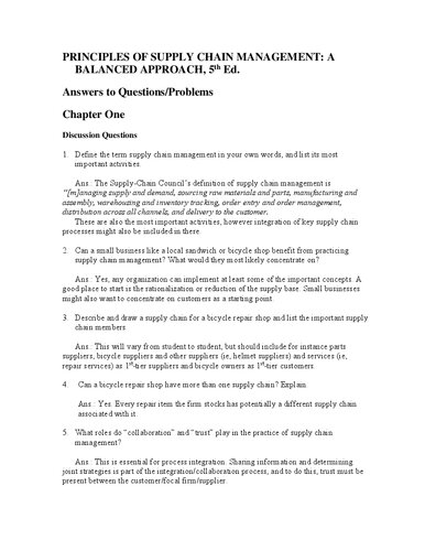 Principles of Supply Chain Management: A Balanced Approch (Solution Manual)