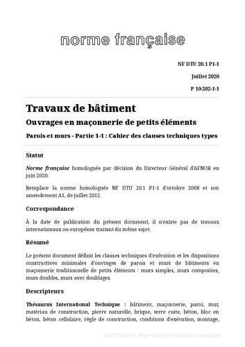 NF DTU 20.1 - Ouvrages en maçonnerie de petits éléments