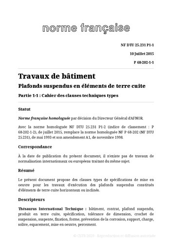 NF DTU 25.231 (P68-202) : Plafonds suspendus en éléments de terre cuite