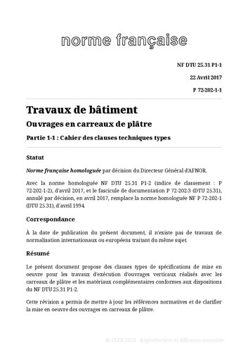 NF DTU 25.31 (P72-202) : Ouvrages en carreaux de plâtre