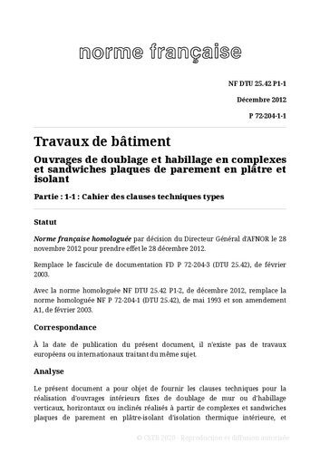 NF DTU 25.42 (P72-204) : Ouvrages de doublage et habillage en complexes et sandwiches plaques de parement en plâtre et isolant
