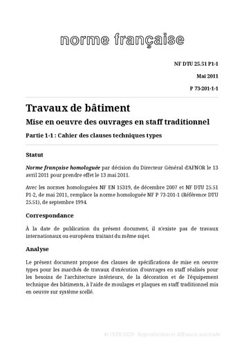 NF DTU 25.51 (P73-201) : Mise en oeuvre des plafonds en staff traditionnel