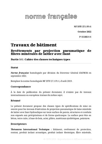 NF DTU 27.1 (P15-202) : Revêtements par projection pneumatique de fibres minérales de laitier avec liant