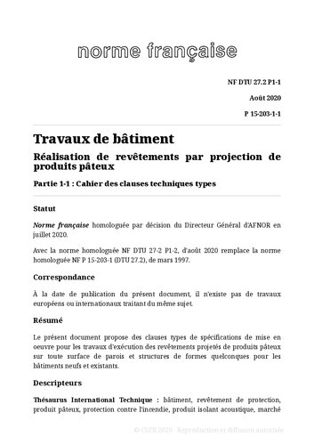 NF DTU 27.2 (P15-203) : Réalisation de revêtements par projection de produits pâteux