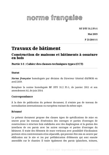 NF DTU 31.2 (P21-204) : Construction de maisons et bâtiments à ossature en bois