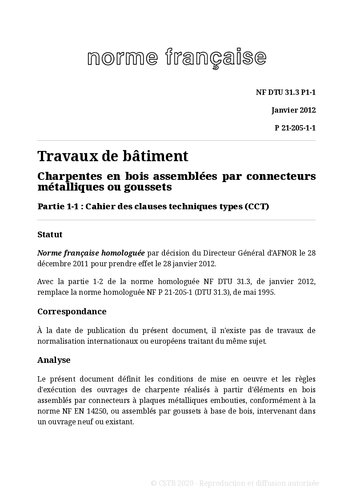 NF DTU 31.3 (P21-205) : Charpentes en bois assemblées par connecteurs métalliques ou goussets