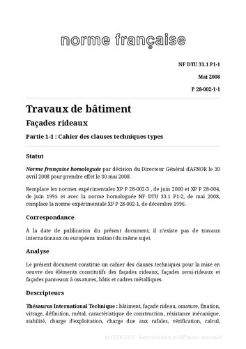 NF DTU 33.1 (P28-002) : Façades rideaux, façades semi-rideaux, façades panneaux