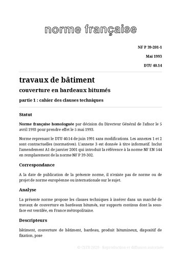 NF DTU 40.14 (P39-201) : Couverture en bardeaux bitumés