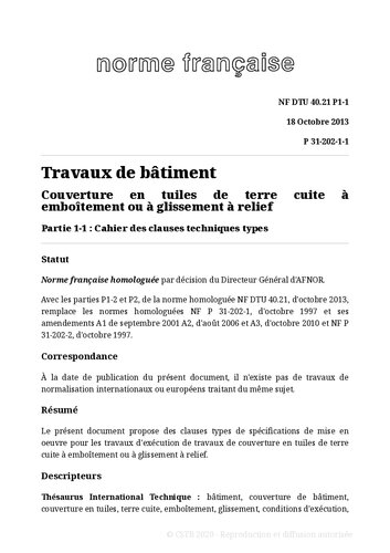 NF DTU 40.21 (P31-202) : Couvertures en tuiles de terre cuite à emboîtement ou à glissement à relief