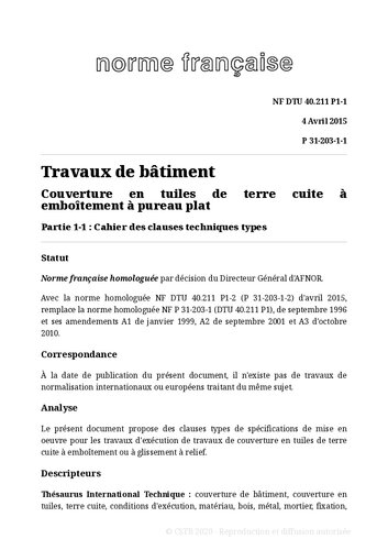 NF DTU 40.211 (P31-203) : Couvertures en tuiles de terre cuite à emboîtement à pureau plat