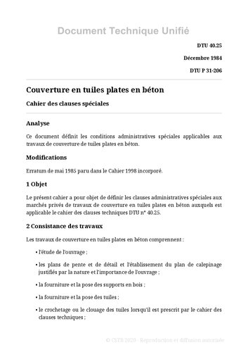 NF DTU 40.25 (P31-206) : Couverture en tuiles plates en béton