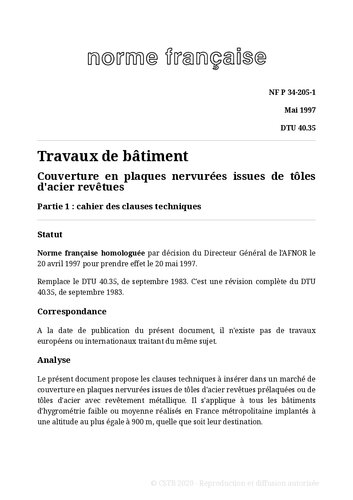 NF DTU 40.35 (P34-205) : Couverture en plaques nervurées issues de tôles d'acier revêtues