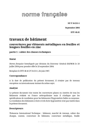NF DTU 40.41 (DTU P34-211) : Couverture par éléments métalliques en feuilles et longues feuilles en zinc