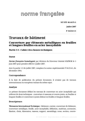 NF DTU 40.44 (P34-214) : Couverture par grands éléments en feuilles et bandes en acier inoxydable