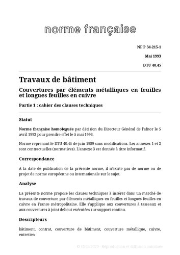 NF DTU 40.45 (P34-215) : Couverture par éléments métalliques en feuilles et longues feuilles en cuivre