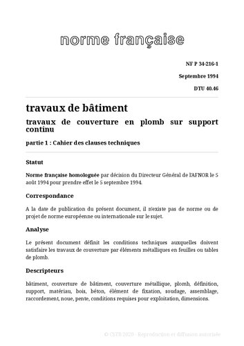 NF DTU 40.46 (P34-216) : Travaux de couverture en plomb sur support continu