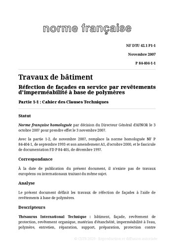 NF DTU 42.1 (P84-404) : Réfection de façades en services par revêtements d'imperméabilité à base de polymères