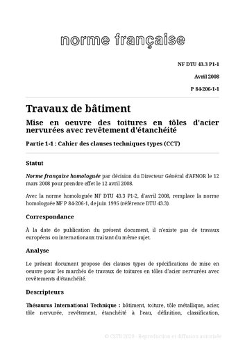 NF DTU 43.3 (P84-206) : Mise en oeuvre des toitures en tôles d'acier nervurées avec revêtement d'étanchéité