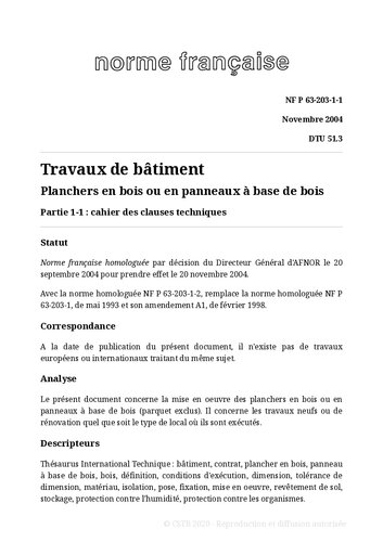 NF DTU 51.3 (P63-203) : Planchers en bois ou en panneaux dérivés du bois