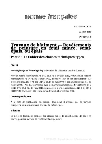NF DTU 59.1 (P74-201) : Revêtements de peinture en feuil mince, semi-épais ou épais