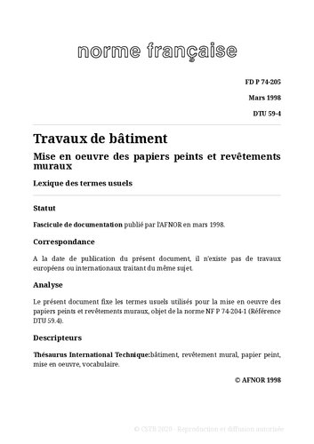 NF DTU 59.4 (P74-204/P74-205) : Mise en oeuvre des papiers peints et des revêtements muraux